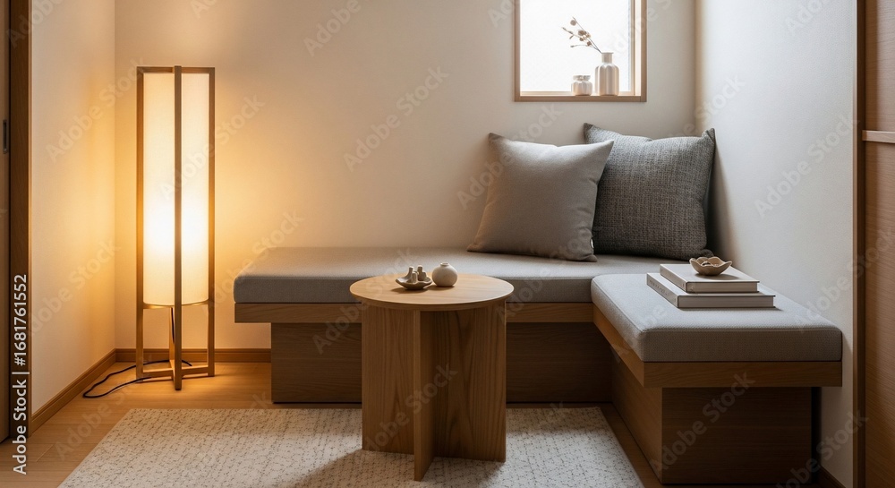 Fototapeta premium Serene Japanese style living room corner with warm lamp and cozy seating.