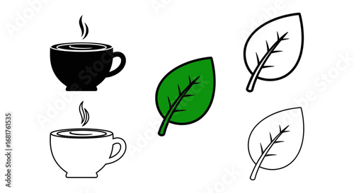Two cups of hot steaming beverages in black and white next to green and outline leaf icons