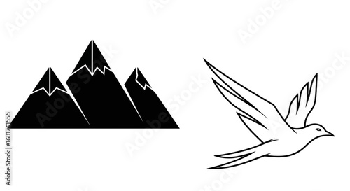 Majestic mountain peaks symbolizing nature's grandeur alongside a graceful bird soaring freely through the sky in flight