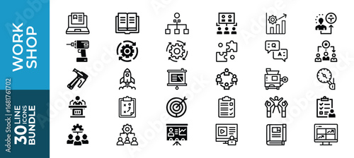 Workshop Icon Set Design Featuring Tools and Equipment for Repair and Construction