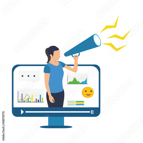 Woman use megaphone in video media player symbolizing marketing Digital Marketing Illustration concept stoke illustration