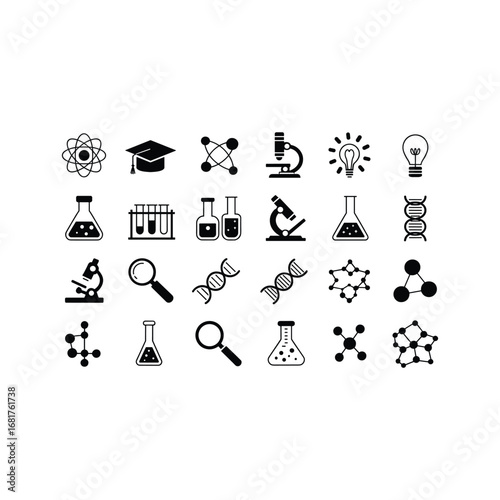 Collection of science and research icons including dna molecules microscopes and beakers