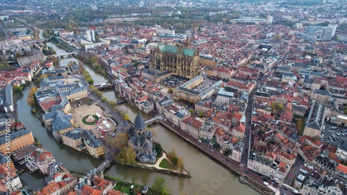 An aerial panorama view around the old town and cathedral of the City Metz In France on a cloudy spring noon