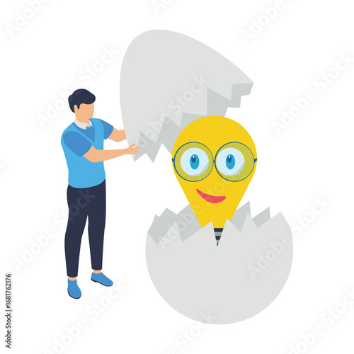 Businessman lifting cracked eggshell revealing glowing lightbulb inside symbolizing startup idea entrepreneurship or startup idea, creation or discovery business concept stoke illustration