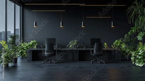 Dark modern office workspace with plants