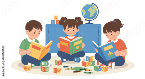 Flat style illustration of children sitting on the floor reading books in a classroom, promoting literacy, learning, education, and concentration through fun study activities