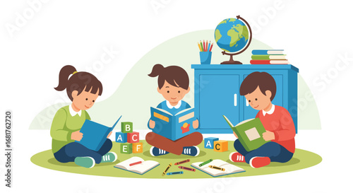 Flat style illustration of children sitting on the floor reading books in a classroom, promoting literacy, learning, education, and concentration through fun study activities