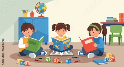 Flat style illustration of children sitting on the floor reading books in a classroom, promoting literacy, learning, education, and concentration through fun study activities