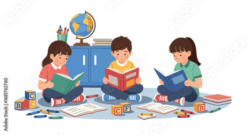 Flat style illustration of children sitting on the floor reading books in a classroom, promoting literacy, learning, education, and concentration through fun study activities