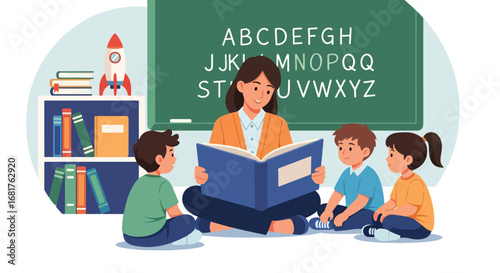 Adobe illustrator artwork vector illustration of a teacher reading with a group of diverse children surrounded by books, fostering a love for learning and reading