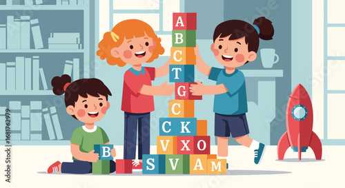 Flat style illustration of children stacking alphabet blocks in a classroom, promoting teamwork, creativity, and early learning through fun educational play activities