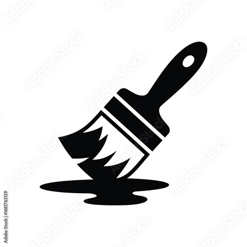 Black silhouette of a paintbrush dipping into a pool of paint