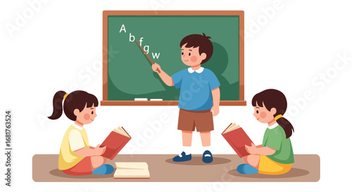 Flat style illustration of children learning letters in a classroom, practicing reading and writing together on a chalkboard, promoting education, teamwork, and literacy skills