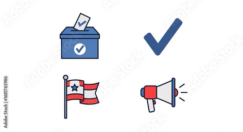 Set of voting icons (ballot, check mark, flag, megaphone) isolated on white.