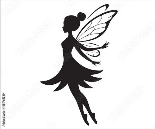 Silhouette of fairy with wings in elegant pose isolated on white background symbolizing fantasy, magic, mythology, imagination, folklore, dream world, and mystical character illustration concept