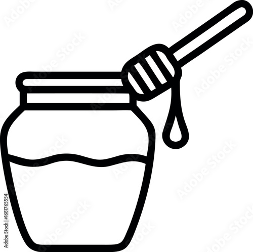 Honey jar with dipper linear icon. Thin line illustration. 