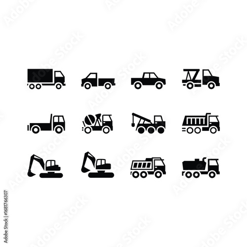 Collection of twelve different construction and transportation vehicle icons