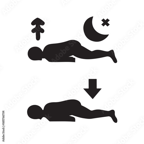 Silhouette of a person doing a push up exercise on a white background with day and night icons
