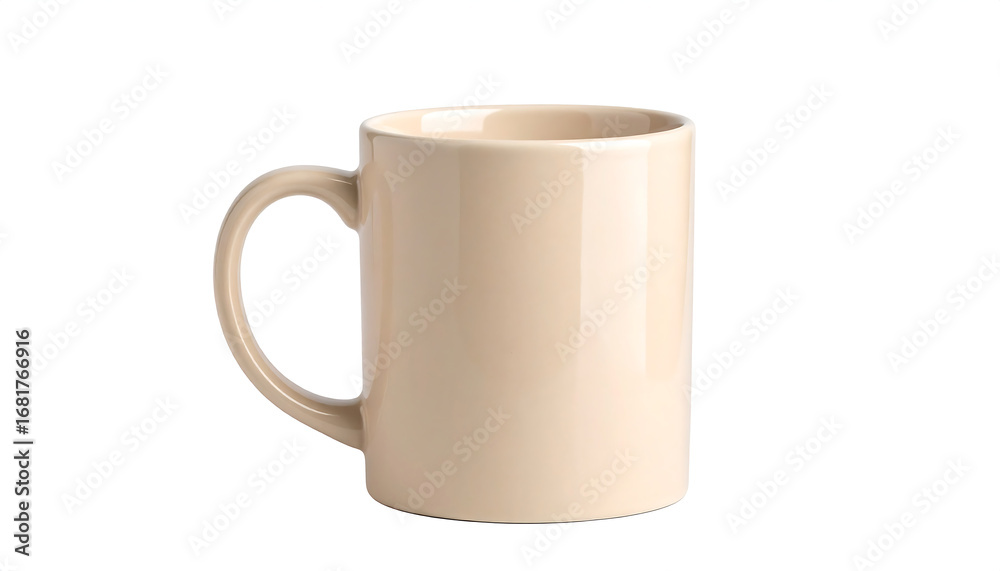 Obraz premium “Plain beige ceramic coffee mug on white background, emphasizing simplicity, warmth, and everyday elegance”