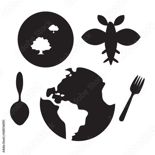 Silhouette of earth with fork spoon and insect representing global food and sustainability