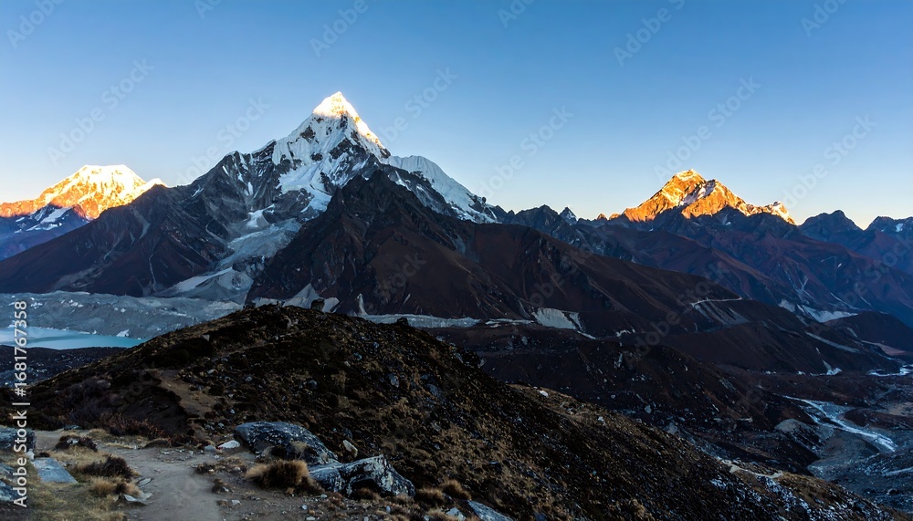Fototapeta premium Majestic Himalayan Peaks Bathed in Golden Sunrise Light.