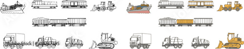set of Heavy Transport Icons. Outline icon set of heavy transport modes: cargo ship, freight train, semi-truck, flatbed truck, bulldozer
