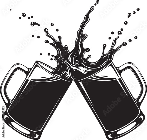 Two beer mugs clinking silhouette isolated on transparent background