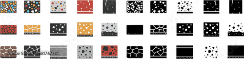 set of Decorative Concrete Icons. Solid, filled icon set of decorative concrete floors: mosaic pattern, terrazzo chips, color pigments,
