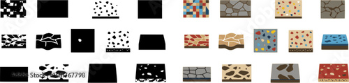 set of Decorative Concrete Icons. Solid, filled icon set of decorative concrete floors: mosaic pattern, terrazzo chips, color pigments,
