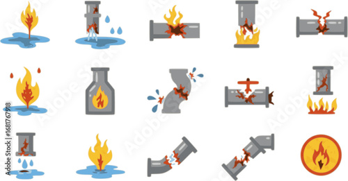 set ofCorrosion Effects Icons. Flat vector mini-illustrations Effects of corrosion in colors children's illustrations: leak puddle, pipe

