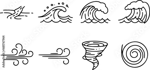 set of Nature Elements Icons. Outline icon set of wind and water movement: flowing river, ocean wave, blowing wind, tornado, swirling
