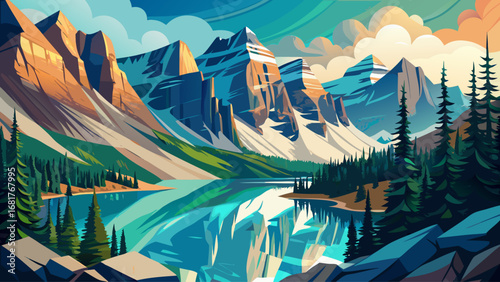 Banff National Park, Canada, frames turquoise mountain lakes, snowy peaks, and rugged cliffs under pastel skies. Layers of natural textures appear; semi-realistic flat vector emphasizing alpine majest