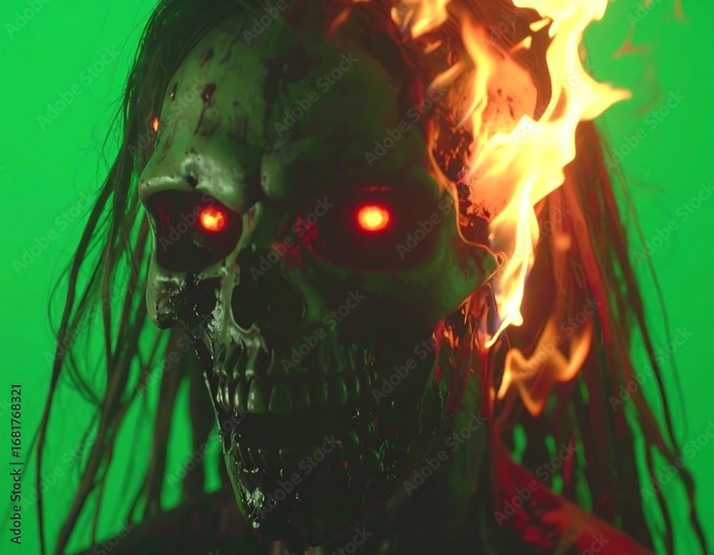 Fototapeta premium Fiery skull with glowing eyes against green screen