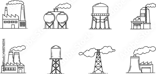 set of Industrial Icon Set. Outline icon set of industrial infrastructure: factory building, smokestack, storage tank, water tower, power
