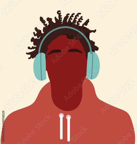 Abstract faceless black man portrait. Young male character with blank face, headphones. User profile. Hand drawn vector illustration.