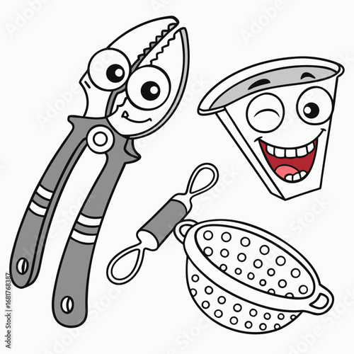 pizza cutter, garlic press, peeler, and colander with funny faces