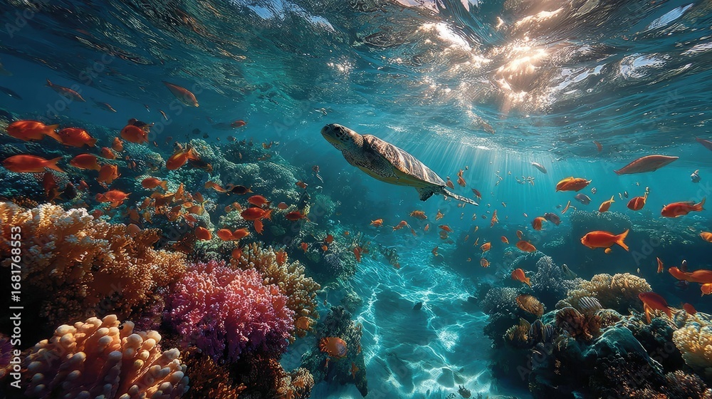 Fototapeta premium Underwater coral reef teeming with colorful fish and a sea turtle. Sunlight streams through the water