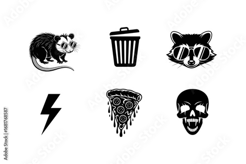 Edgy Icon Set with Animal Pizza and Skull