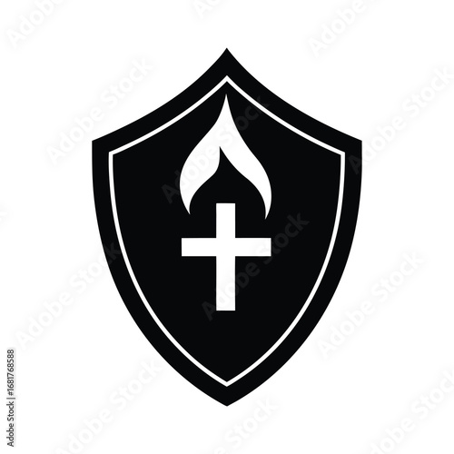 silhouette of a flame inside shield with cross icon