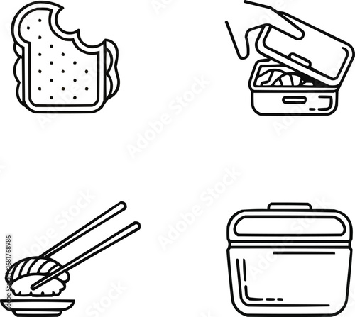 Lunchtime Outline Icons  Sandwich, Lunchbox, Chopsticks, Food Container