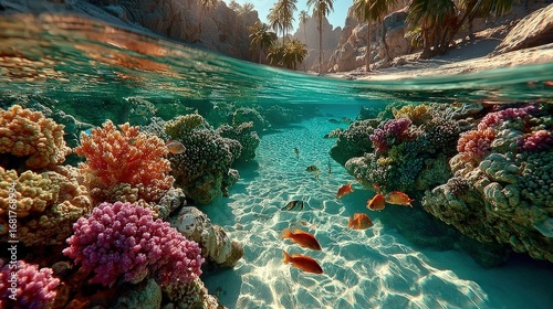 Underwater coral reef scene, vibrant colors, tropical fish, clear water, sandy bottom, palm trees, rocky cliffs