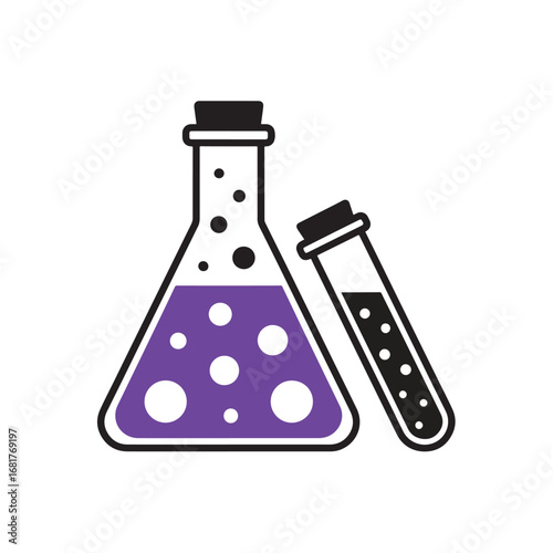 Vector Chemistry lab equipment two flasks with purple liquid bubbles science experiment education.