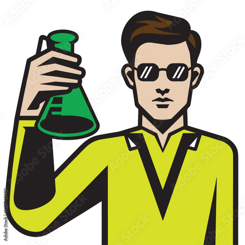 Vector Scientist holds green flask with confidence wearing sunglasses and yellow lab coat.