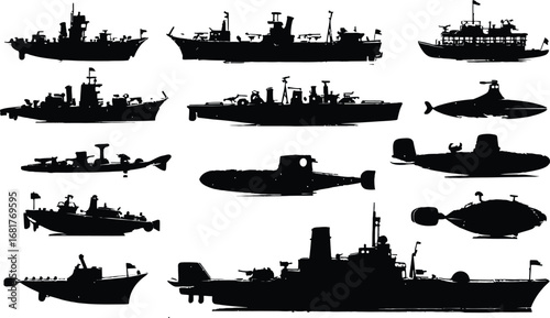 Naval Vessel Silhouettes – Warships, Submarines, and Maritime Defense Icons