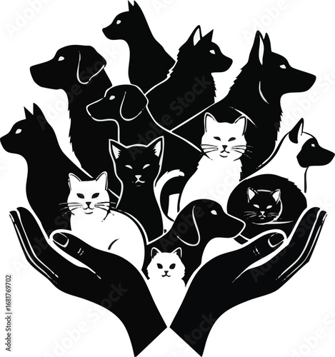 different domestic cat and dog simple minimal silhouette. human hands hugging animal. logo icon infographic for veterinary, pet shelter, pet adoption and animal charity