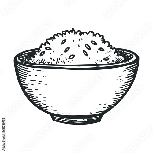 Bowl of rice with textured surface for culinary design and food blogs. Vector illustration