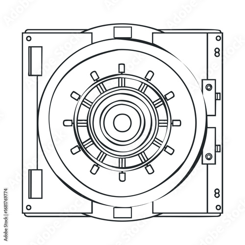 Detailed view of a mechanical vault lock system design for security. Vector illustration