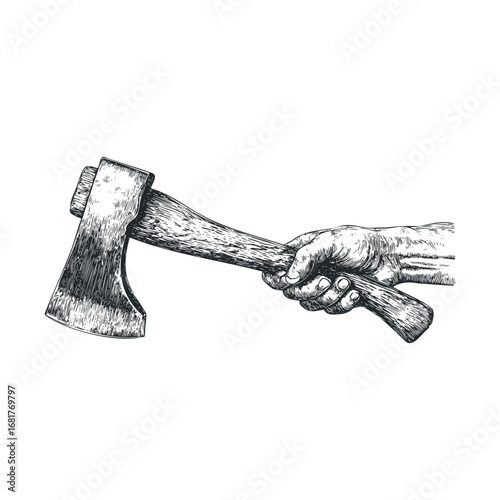 Hand holding an axe ready for chopping wood. Vector illustration