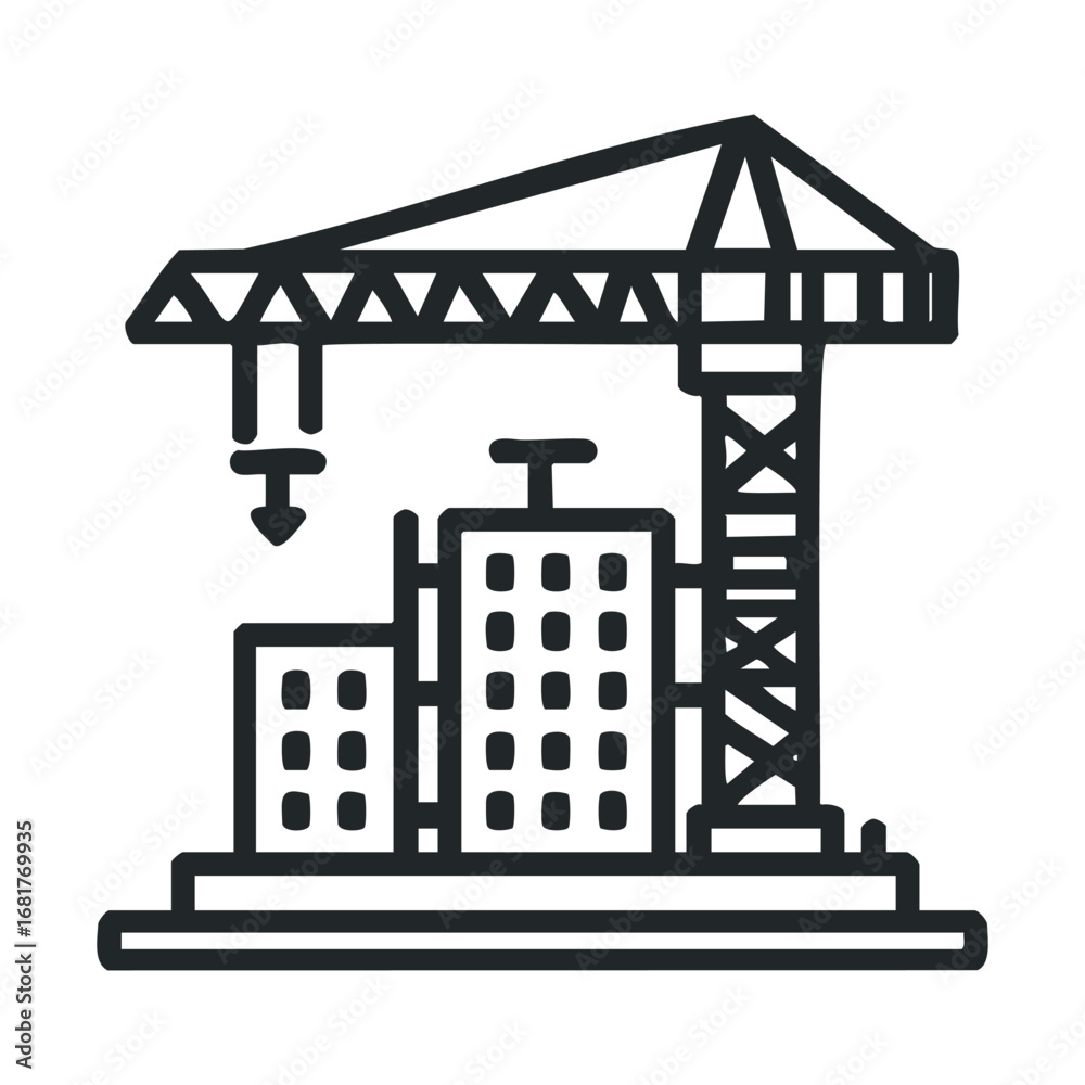 Fototapeta premium Construction site with crane working on building structure. Vector illustration