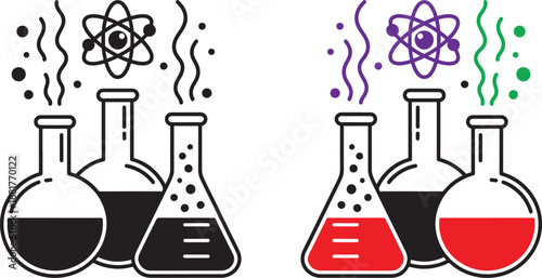 Two Vectors sets of chemistry lab beakers and flasks with atomic symbols showing scientific experiments